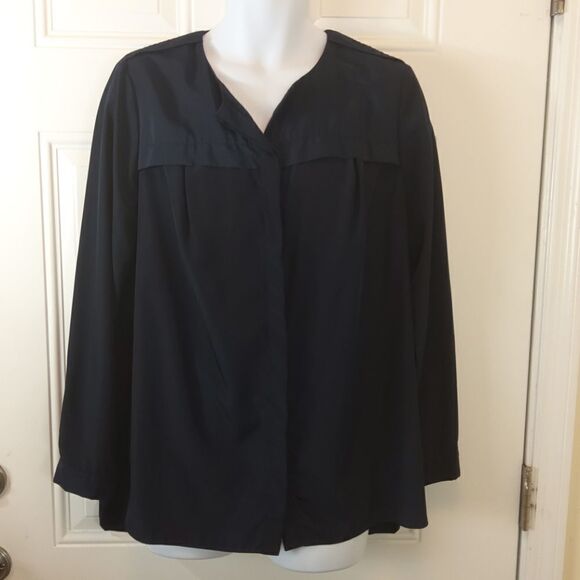 NBN navy blue long sleeve button front blouse - Picture 1 of 10